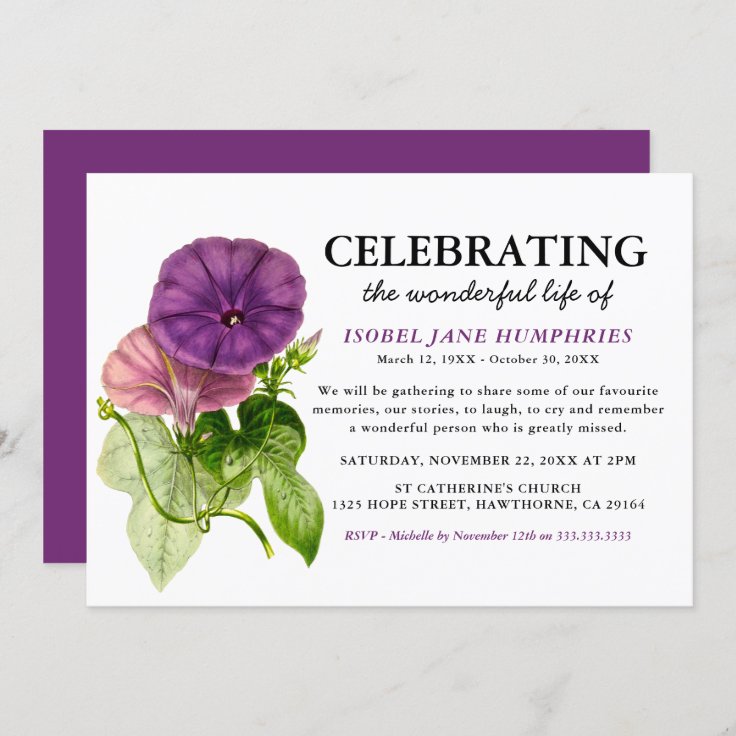 Elegant Purple Floral Watercolor Funeral Invitation | Zazzle