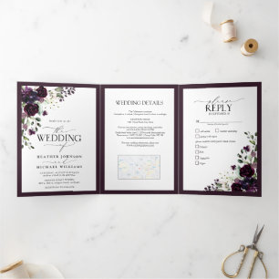 Elegant Purple Floral Watercolor Meals Wedding Tri-Fold Invitation