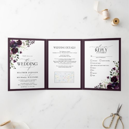 Elegant Purple Floral Watercolor Meals Wedding Tri_Fold Invitation