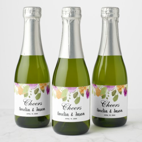 Elegant Purple Floral Watercolor Mini Sparkling Wine Label