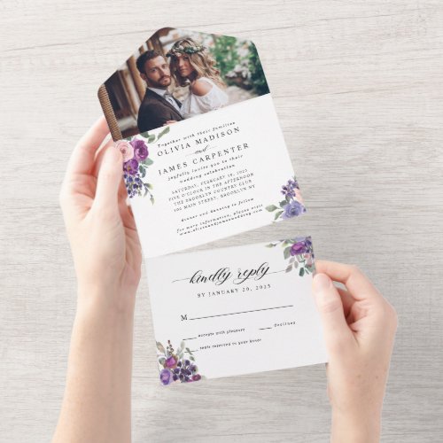 Elegant Purple Floral Watercolor Photo Wedding All In One Invitation