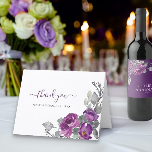 Elegant Purple Floral Watercolor Wedding Thank You Card