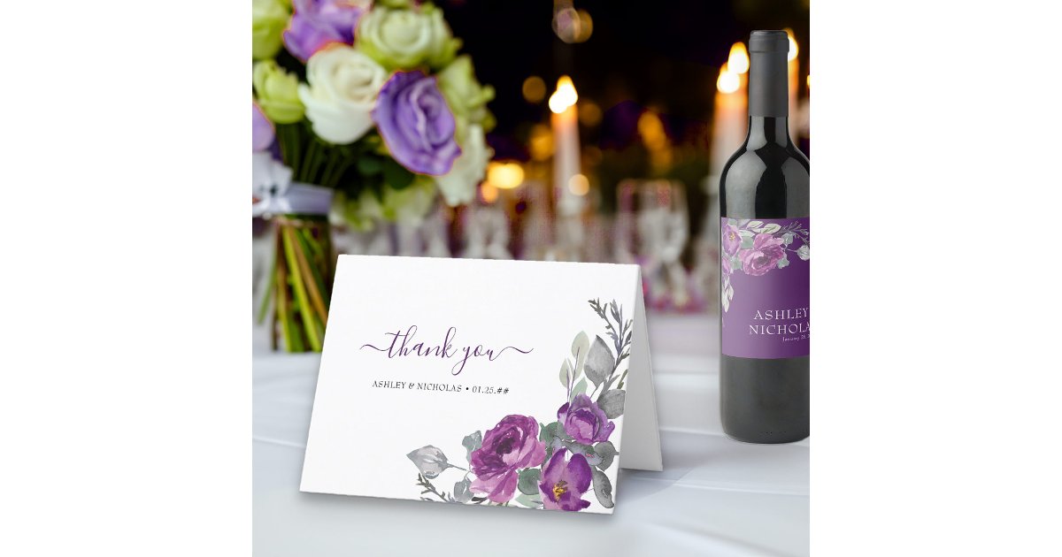 Elegant Purple Floral Watercolor Wedding Thank You Card | Zazzle