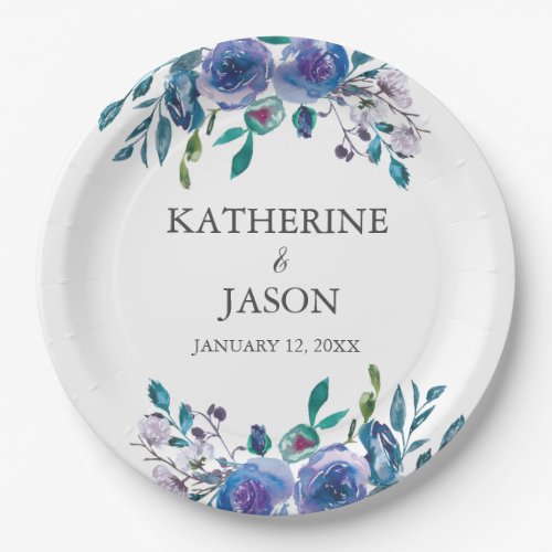 Elegant Purple Floral Watercolor Winter Wedding Paper Plates