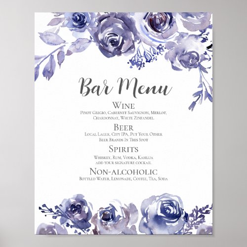 Elegant Purple Floral Wedding Bar Drinks Menu Poster