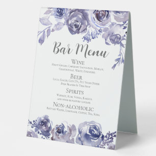 Elegant Purple Floral Wedding Bar Drinks Menu Table Tent