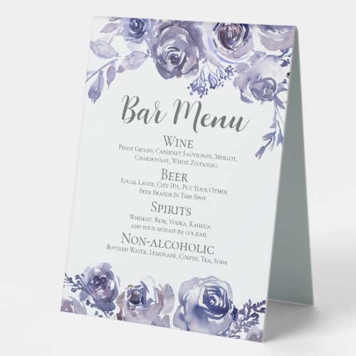 Elegant Purple Floral Wedding Bar Drinks Menu Table Tent Sign