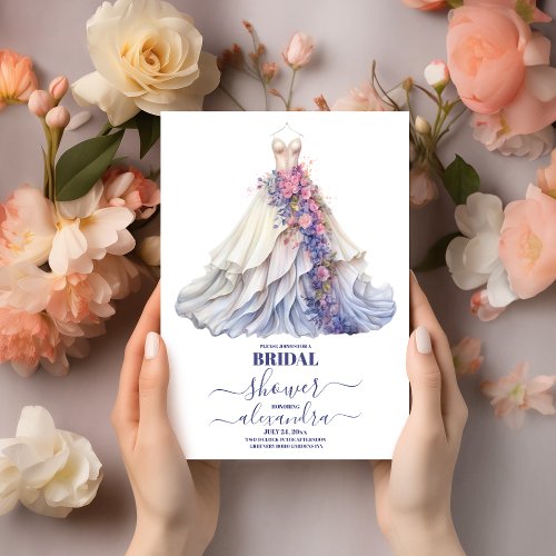 Elegant Purple Floral Wedding Dress Bridal Shower Invitation