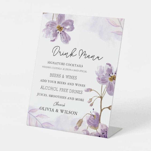 Elegant Purple Floral Wedding Drink Menu Pedestal Sign (Front)