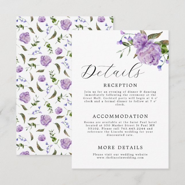Elegant Purple Floral Wedding Enclosure Card (Front/Back)