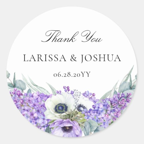 Elegant Purple Floral Wedding Favor Thank You Classic Round Sticker