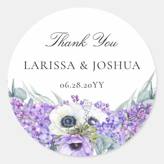 Elegant Purple Floral Wedding Favor Thank You Classic Round Sticker (Front)