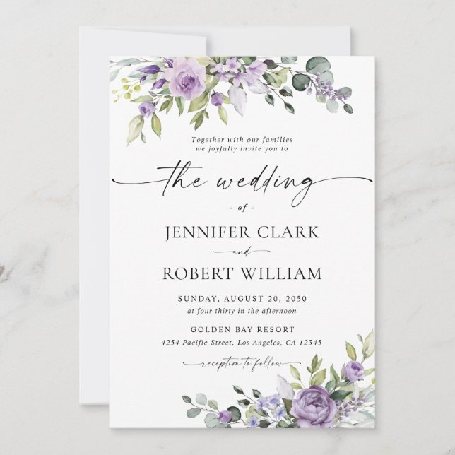 Elegant Purple Floral Wedding Invitation (Front)
