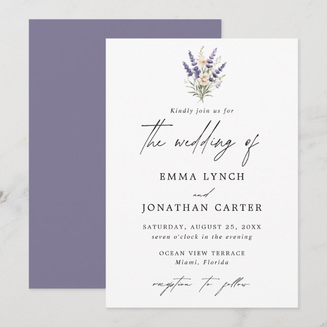 Elegant Purple Floral Wedding Invitation (Front/Back)