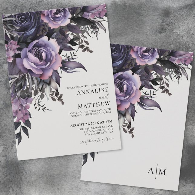 Elegant Purple Floral Wedding Invitation (Elegant Purple Black Floral Wedding Invitation)