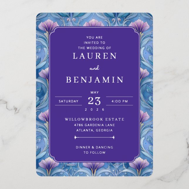 Elegant Purple Floral Wedding Invitation Foil Invitation (Front)