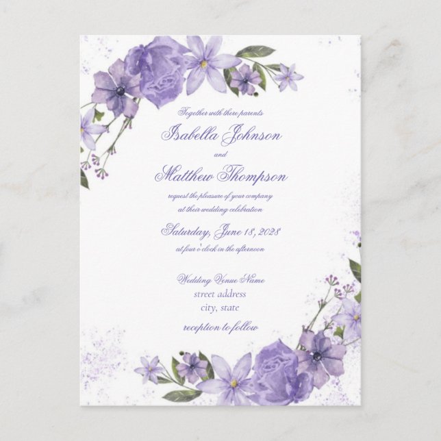 Elegant Purple Floral Wedding Invitation Postcard (Front)