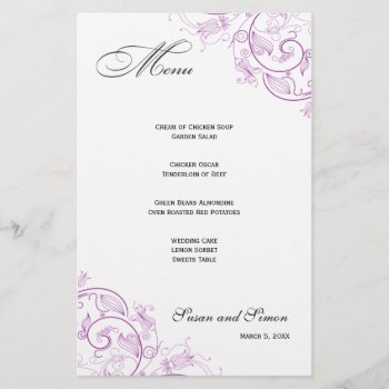 Elegant Purple Floral Wedding Menu by OrangeOstrichDesigns at Zazzle