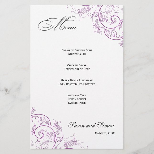 Elegant Purple Floral Wedding Menu (Front)