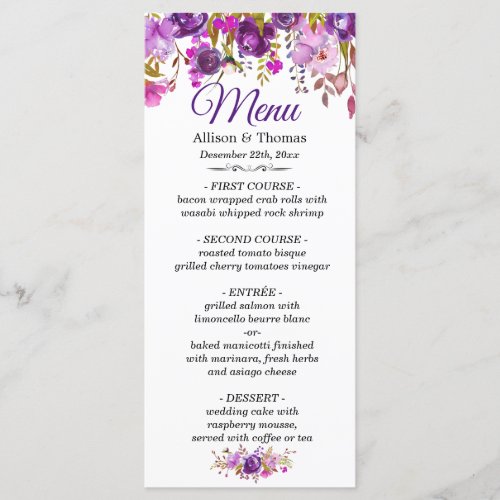Elegant Purple Floral Wedding Menu Card