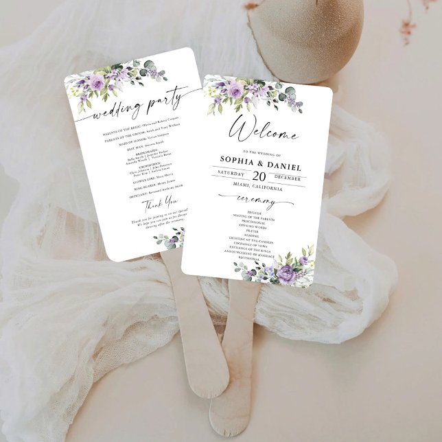 Elegant Purple Floral Wedding Program Hand Fan (Creator Uploaded)