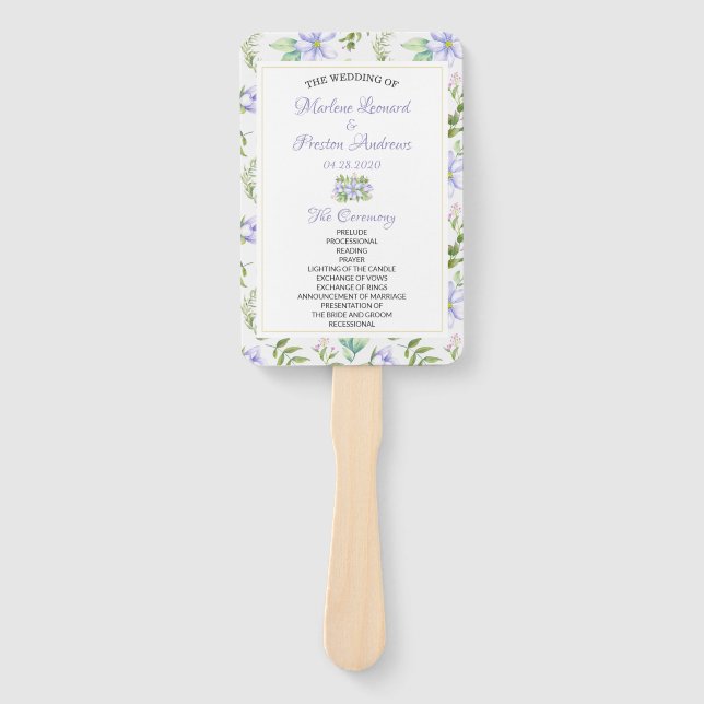Elegant Purple Floral Wedding Program Hand Fan (Front)