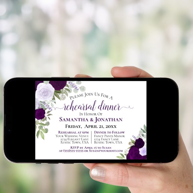 Elegant Purple Floral Wedding Rehearsal Dinner Invitation (Front Digital)