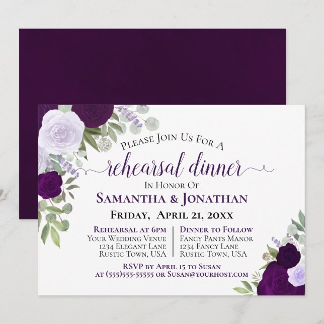 Elegant Purple Floral Wedding Rehearsal Dinner Invitation (Front/Back)