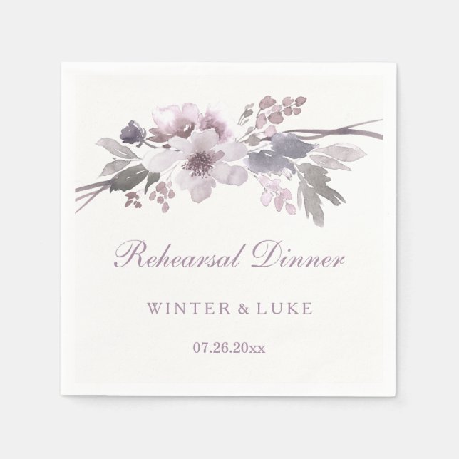 Elegant Purple Floral Wedding Rehearsal Dinner Paper Napkins (Front)