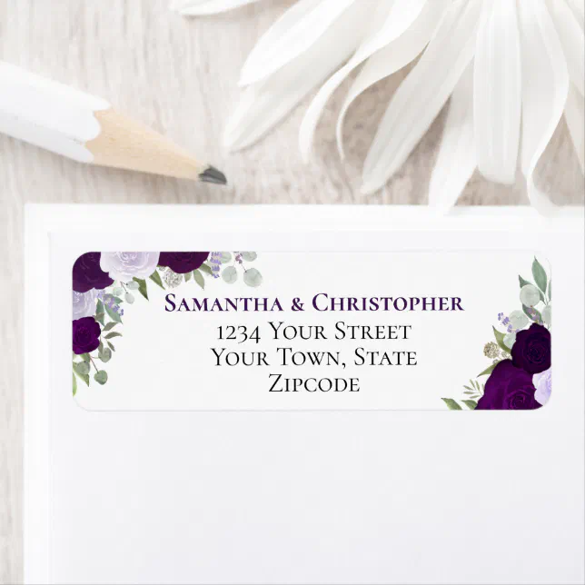 Elegant Purple Floral Wedding Return Address Label | Zazzle