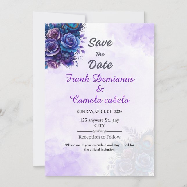 Elegant Purple Floral Wedding Save The Date (Front)