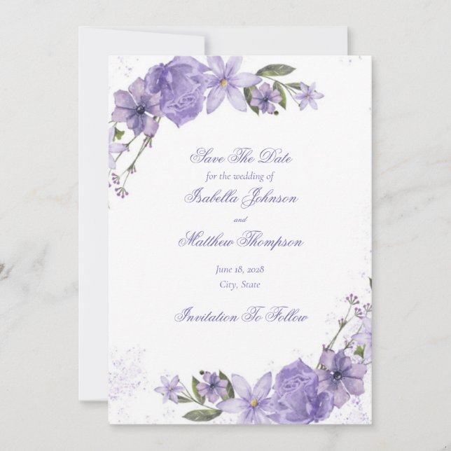 Elegant Purple Floral Wedding Save The Date Invitation (Front)