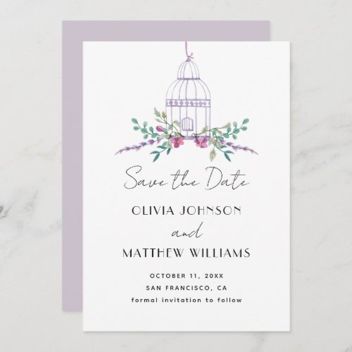 Elegant purple floral wedding vintage birdcage save the date
