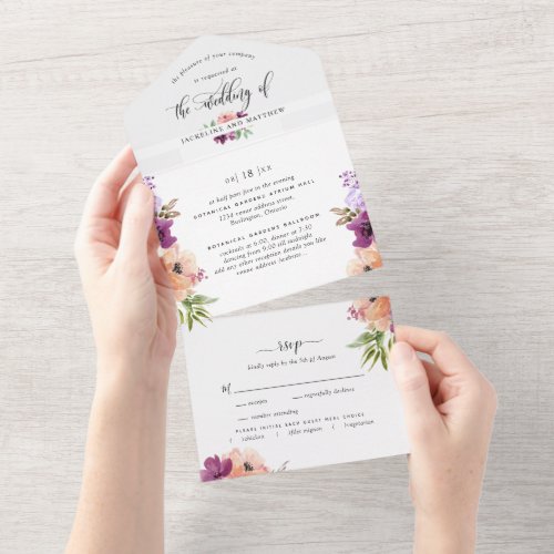 Elegant Purple Floral Wedding w Perforated RSVP All In One Invitation