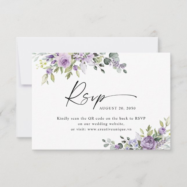 Elegant Purple Floral Wedding Website QR Code  RSVP Card (Front)