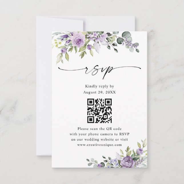Elegant Purple Floral Wedding Website QR Code RSVP Card (Front)