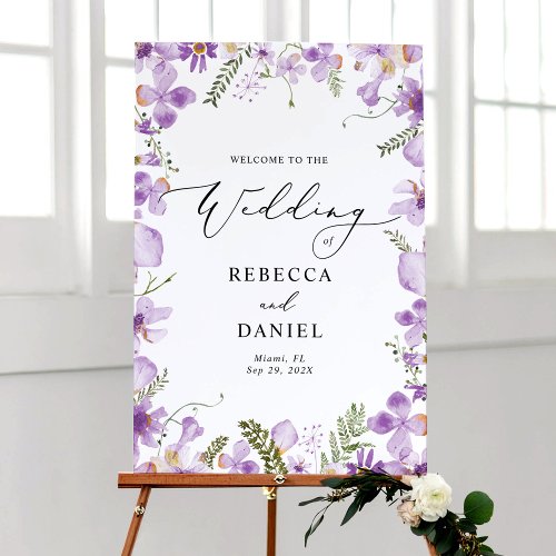 Elegant Purple Floral Wedding Welcome Sign