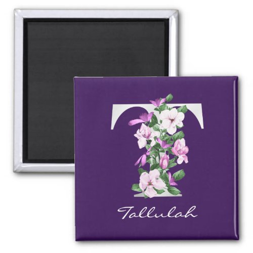 Elegant Purple Floral White Metallic T Monogram Magnet