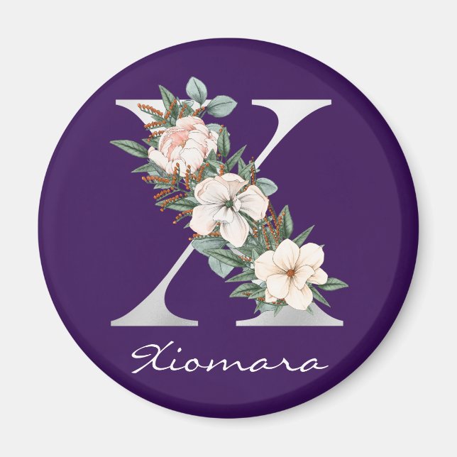 Elegant Purple Floral White Metallic X Monogram Magnet (Front)