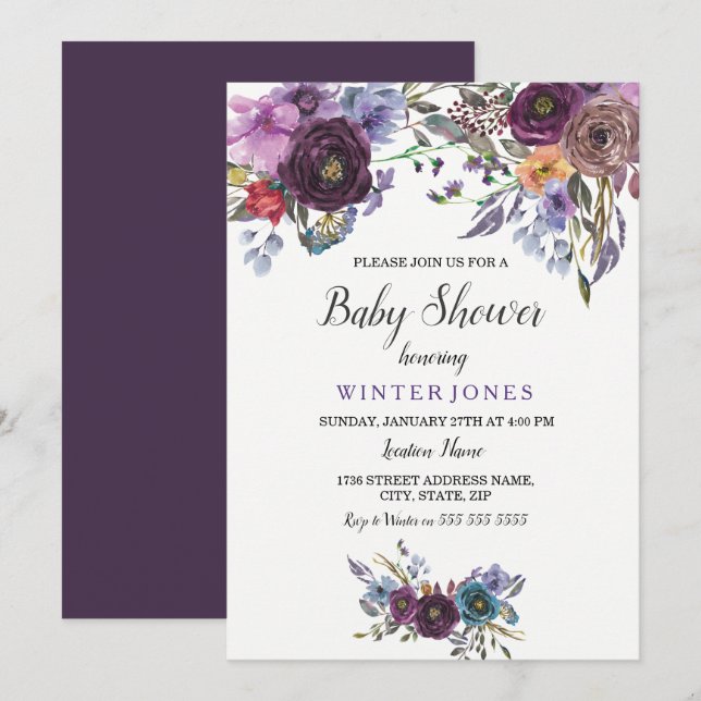 Elegant Purple Floral Winter Baby Shower Invite (Front/Back)
