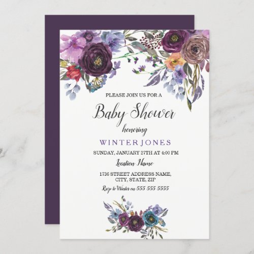Elegant Purple Floral Winter Baby Shower Invite