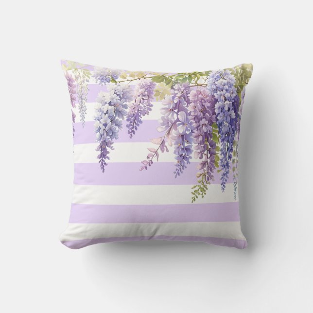 Elegant purple floral wisteria purple white strips throw pillow (Front)