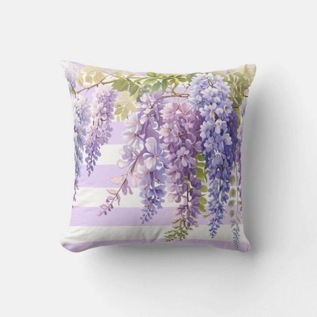 Elegant purple floral wisteria purple white strips throw pillow (Front)