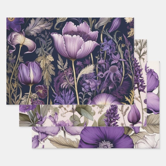 Elegant Purple Floral  Wrapping Paper Sheets (Set)