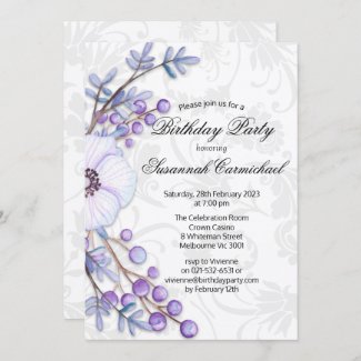 Elegant Purple Floral Wreath Damask Birthday Invitation