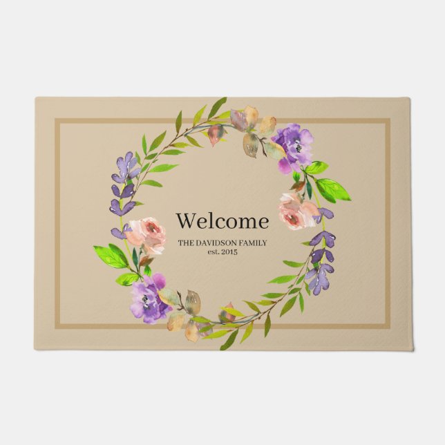 Elegant Purple Floral Wreath Personalized Welcome Doormat (Front)