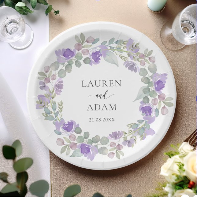 Elegant Purple Floral Wreath Wedding Paper Plates (Creator Uploaded)