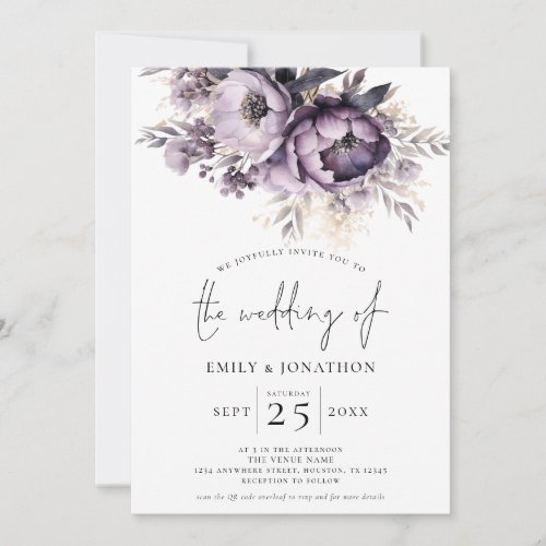 Elegant Purple Florals 3 Photos QR Code Wedding Invitation
