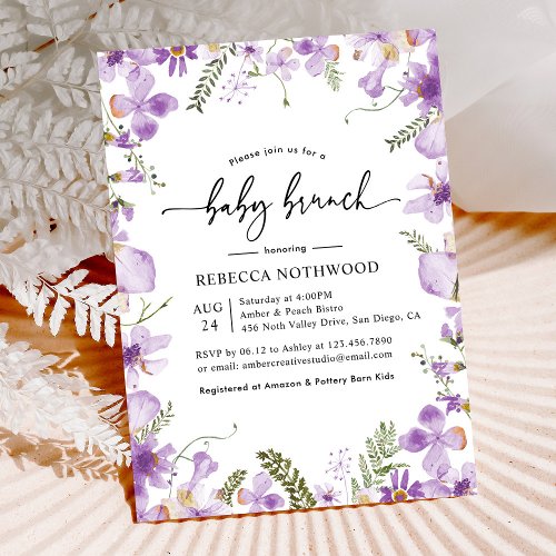 Elegant Purple Florals Girl Baby Brunch Invitation