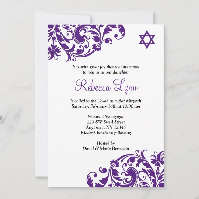 Elegant Purple Flourish Bat Mitzvah Invitation (Front)